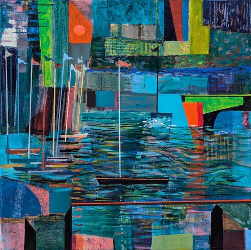 Pendant la fête la nuit, le port gardait quelques couleurs du jour. par François Pagé, Peinture en vente sur Singulart