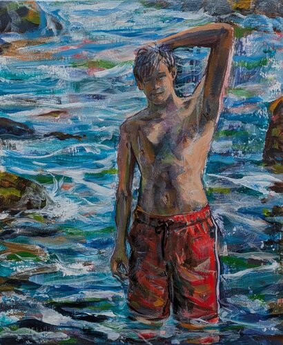 L’instant où Octave me dit: pose un peu tes pinceaux, prends les masques, sous la mer c’est magnifique! von François Pagé, Malerei kaufen auf Singulart