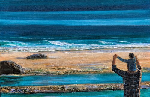 .Petit, sur les épaules de mon père quand on riait sur chaque vague déversée par la mer. by François Pagé, 회화 for Sale on Singulart