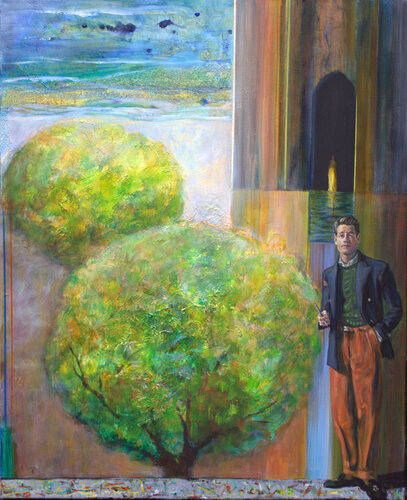 John posant devant son tableau: "Ariane attendant Thésée devant la porte du labyrinthe." von François Pagé, Malerei kaufen auf Singulart