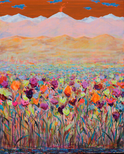 Au dessus des neiges coiffant les sommets, quelques nuages désuets jouaient naïvement à la mouche aveugle. Un jeune volcan au loin montrait que sa mère vivait bien encore; un vent chaud gonflait les robes des filles et laissait flotter leurs mains légères by François Pagé, 油畫 for Sale on Singulart