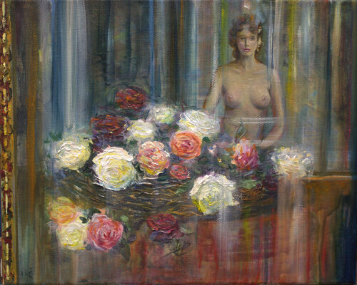 Le doute. Flore devant le miroir, doutant de sa beauté avant sa rencontre avec Zéphyr. par François Pagé, Peinture en vente sur Singulart