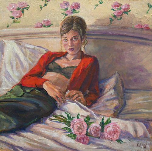 Parfois, on séchait les cours pour se retrouver dans un hôtel désuet. Le dernier jour, Lola me dit :Tu sais, tes fleurs ni changeront rien ! di François Pagé, Pittura in vendita su Singulart