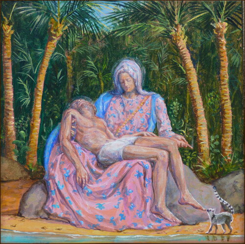 ( Apparition.)Sur la plage on aurait pu penser qu'ils imitaient la pietà de Michel Ange, mais ce n’était qu’un mirage ou un naufrage. by François Pagé, 회화 for Sale on Singulart