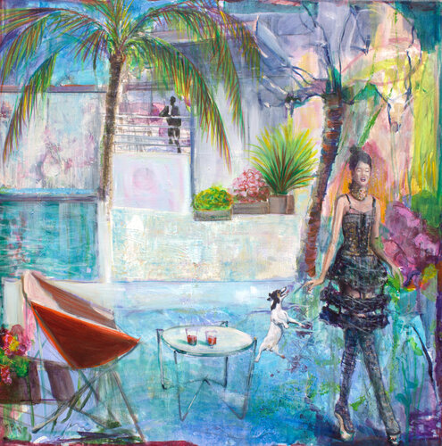 Hana aimait me présenter ses nouvelles collections, nos éclats de rire avaient réveillé l’attention de Ronaldo perché sur son balcon, il nous avait à l’œil. Méfiance ! par François Pagé, Peinture en vente sur Singulart
