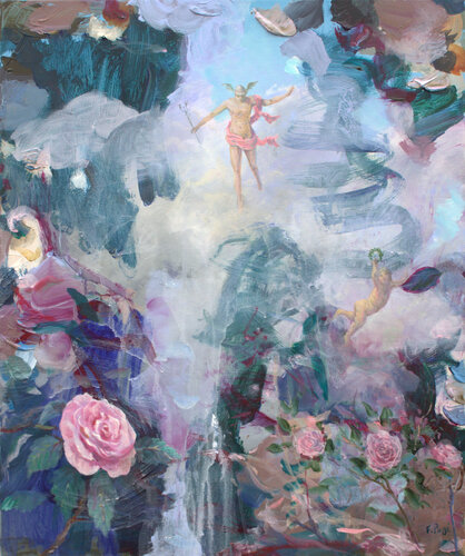 La stupeur d'Hermès venant sauver le jardin de Flore après la tempête. di François Pagé, Pittura in vendita su Singulart