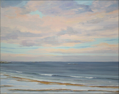 Ta main se réchauffait lentement dans ma moufle laineuse, nous nous aimions à pas feutrés sur la grande plage blanchie, maculée par quelques mouettes rieuses. von François Pagé, Malerei kaufen auf Singulart