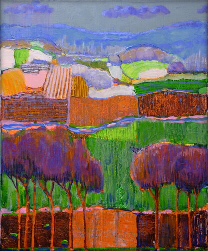 C'était la fête, mais les lointains sans violence jouaient les camaïeux ; devant les arbres aux troncs sanguins semblaient drapés comme des Florentins. par François Pagé, Peinture en vente sur Singulart