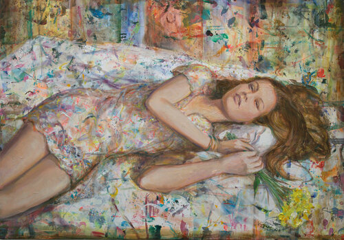 Dans ce grand champs de peinture quelques fleurs dorment dans ta main ; il faut donner le parfum aux taches sonores avant de partir au matin. de François Pagé, Pintura a la venta en Singulart