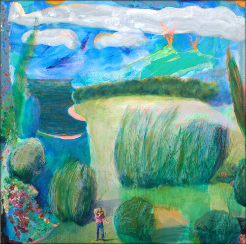 Dans une mare apaisée, un loup buvait ; Jésus poursuivait son chemin vers l'amitié prochaine , au loin quelques volcans faisaient acte de présence chauffant l'arrière train de quelques nuages en retard . de François Pagé, Pintura a la venta en Singulart