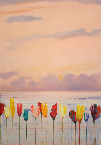 Les plus belles s'étaient placées au premier rang, elles attendaient le moment où il allait rougir de plaisir de les voir ainsi dans toute leur beauté ; mais sans doute trop timide ce soir là, elles ne virent qu'une timide aura orangée, voilée derrière de di François Pagé, Pittura in vendita su Singulart