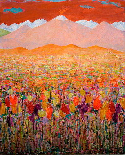 Un jeune volcan au loin montrait que sa mère vivait bien encore; un vent chaud gonflait les robes des jeunes princesses et laissait flotter leurs mains légères. Au dessus des neiges coiffant les sommets, quelques nuages désuets jouaient naïvement à la mou by François Pagé, 油畫 for Sale on Singulart