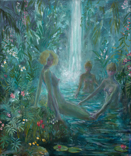 Devant le bruit assourdissant de la cascade, elles semblèrent surprises de mon apparition, un peu comme Diane entourée par ces Nymphes sortant du bain devant Actéon . di François Pagé, Pittura in vendita su Singulart