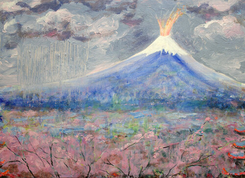 La grêle venait assaillir les fleurs de cerisiers comme des carreaux d’arbalète sur des combattants, le volcan au loin semblait s’excuser en émasculant son éruption. di François Pagé, Pittura in vendita su Singulart