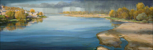 A la confluence, nos deux mains s'étaient rejointes, un trait d'union sur un pont où l'averse avait lavé  nos passés. par François Pagé, Peinture en vente sur Singulart