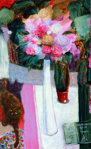 Plume scrutait la mouche heureuse; tu me chuchotais à l'oreille les vers des vergers de Rilke :  Rose plus jamais tentée,  déconcertante de son inverse paix ; ultime amante  si loin d'Eve, de sa première alerte-,  rose qui infiniment possède la perte. Hui par François Pagé, Peinture en vente sur Singulart