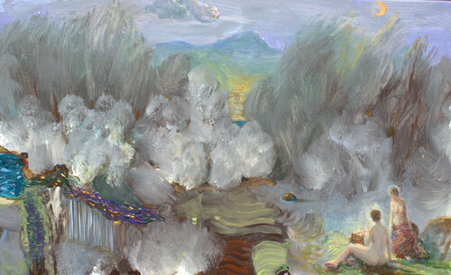 Dans le ciel, un nuage pressé soufflait comme il pouvait, Athéna elle, distribuait à Calliope une partie de son trésor. par François Pagé, Peinture en vente sur Singulart