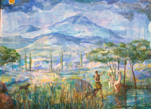 J'avais convoqué les amis Titien, Poussin, Lorrain, Cézanne et bien d'autres, il y avait Diane , Actéon et ses chiens. C'était comme une conversation à pinceaux rompus, chacun y mettait de sa touche , puis le soleil m’éblouit , je vacillais.....il y eut u by François Pagé, 油畫 for Sale on Singulart