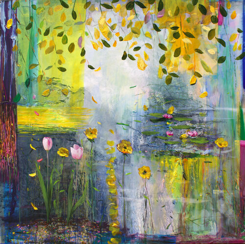 Parmi les fleurs un souffle subtil glissait sur ce qui n'avait que peu vécu. Pourtant ta main dans la mienne croyait dans l'amour éternel. par François Pagé, Peinture en vente sur Singulart
