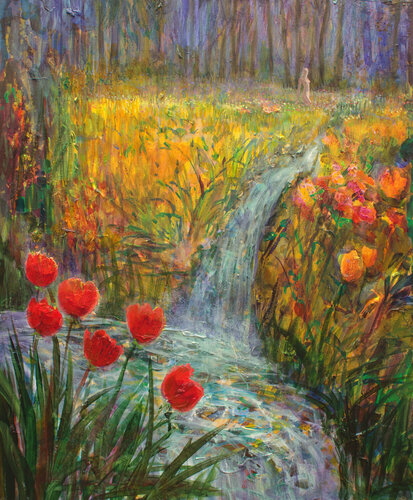 Après de nombreuses heures de marche , j'arrivais enfin à la source, un instant j'ai cru apercevoir une silhouette, comme une nymphe marchant au loin dans le champ de fleurs, puis elle disparut . Sans doute un mirage dû aux premières chaleurs de ce début von François Pagé, Malerei kaufen auf Singulart