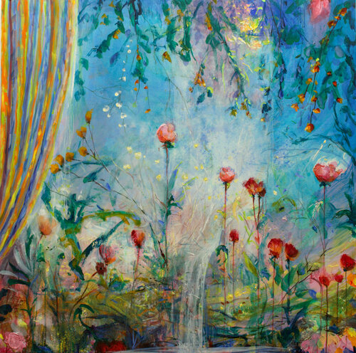 Devant la source où quelques notes fraîches sonnaient la vie comme le tic-tac d'un carillon, ta peau frôlait la mienne de tes mains légères. par François Pagé, Peinture en vente sur Singulart