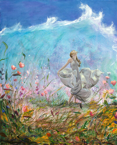 Dès qu'elle retrouva sa liberté, elle partit dans un pays que l'on nomme fin de terre; tout son corps s'harmonisa avec les éléments pour être encore plus proche de la clarté divine. von François Pagé, Malerei kaufen auf Singulart