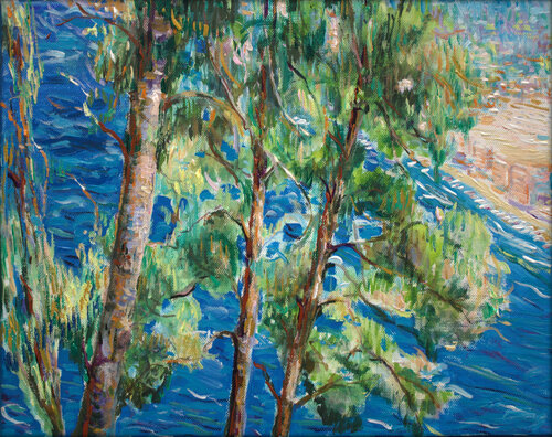 En descendant d'Ephrussi, mon ange, nous plongions nos ailes sur Villefranche et dans ces bleus étourdissants et ces verts de menthe antique, nos plumes caressaient l'air odorant des lauriers roses par François Pagé, Peinture en vente sur Singulart