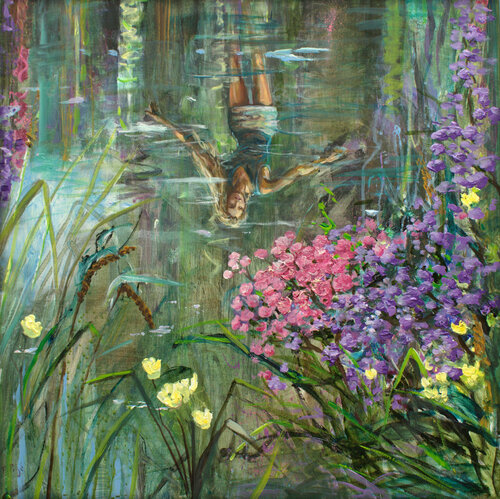 Au bord de l'étang, tu dansais et ton reflet t'imitait à merveille , tu rendais l'eau souriante et légère,heureux le ciel qui t'admirait. by François Pagé, 회화 for Sale on Singulart