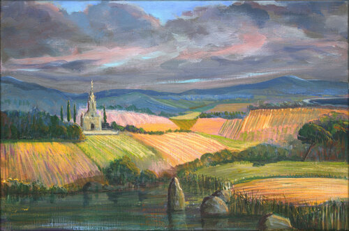 Quelques mégalithes montaient la garde, même si les pieds dans l’étang ils sentaient l’eau monter. Au loin la chapelle bravait avec incertitude sa fonction, les champs s’en sortaient mieux en paradant avec leurs costumes festifs. François Pagé