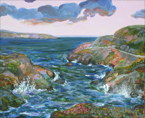 Le long des rochers, la mer jouait les enjôleuses en exhibant ses dentelles affriolantes, certains se laissaient séduire et rougissaient comme de jeunes soldats. Le ciel était rose comme une porcelaine de saxe, quelques nuages reluquaient comme des voyeur François Pagé