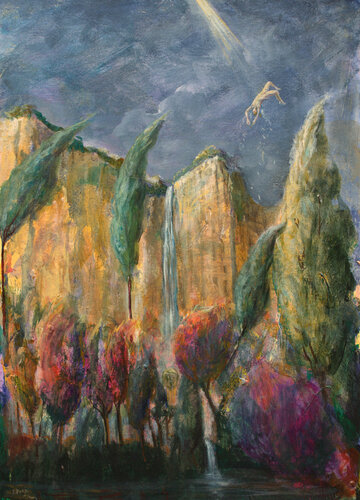 La cascade, gonflée par les dernières pluies, lâchait sa joie du haut de la falaise ; les arbres avaient revêtu leur premier costume d'automne. Dans l’indifférence du monde, Icare chutait avec élégance par François Pagé, Peinture en vente sur Singulart