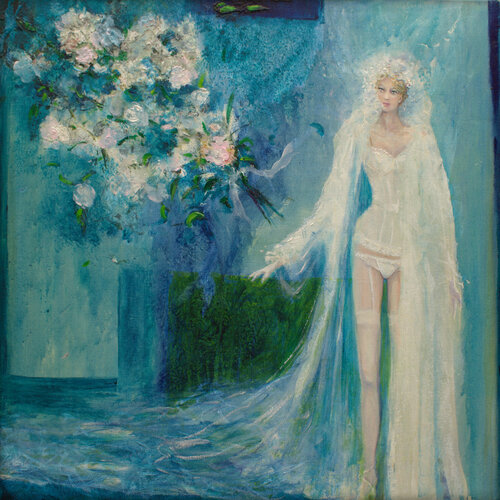 Peut-être un signe du destin mais le bouquet de Sissi s'envola comme un oiseau libre vers l'écume de la mer. "Si nous n'étions que de blancs oiseaux, mon amour, portés sur l'écume de la mer.(W.B Yeats)" by François Pagé, 油畫 for Sale on Singulart