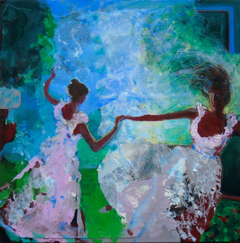 L’instant où pendant le bal costumé, dansant avec Ludivine et Lila, Louise me dit : Mais vous êtes ivre François, l’ouvrage du soir au matin se défait ! par François Pagé, Peinture en vente sur Singulart