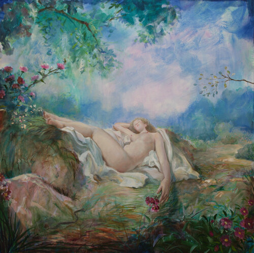 Après quelques jours de marche, la fatigue s'infiltrant, je l’aperçus à la limite d'une clairière, là où les roses sauvages s'épanouissent. Elle semblait se lover dans le paysage comme une colombe dans son nid. L'étourdissement ne serait-il pas le seul in par François Pagé, Peinture en vente sur Singulart