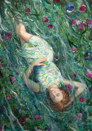 Tu semblais flotter comme une Naïade ou peut être Ophélie, j'entendais mes rêves sous ta voix, suivre l'onde fleurie et les reflets brodés du ciel de ta robe blanchie. van François Pagé, Schilderij te koop op Singulart