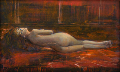 Tes yeux et ton regard si doux semblaient pourtant bien réels dans la chambre rouge. par François Pagé, Peinture en vente sur Singulart