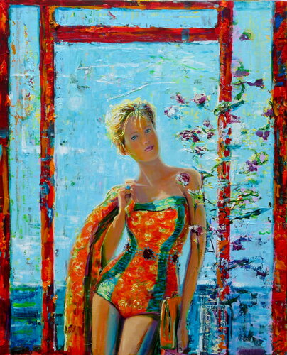 L’instant précis où Jenny en se regardant dans la glace de l’hôtel « Perla Rossa » se dit : Oh c est vraiment l’endroit formidable pour que je fasse un selfie by François Pagé, Painting for Sale on Singulart