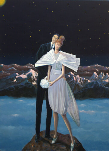 C'était pendant le deuxième confinement, Jean et Élise avaient désobéi. Ils s'étaient enfuis pour aller se marier au sommet du mont Amour, avec pour témoins la lune et les étoiles. van François Pagé, Schilderij te koop op Singulart