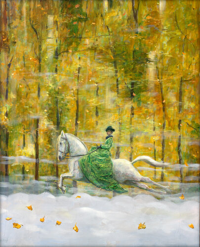 Les feuilles , dans une dernière danse virevoltaient comme les touches d'un peintre. Ce fut la première fois que je vis Garance,  irréaliste comme flottante au dessus de la brume automnale et pourtant aussi présente que sur un manège de fête foraine . de François Pagé, Pintura a la venta en Singulart