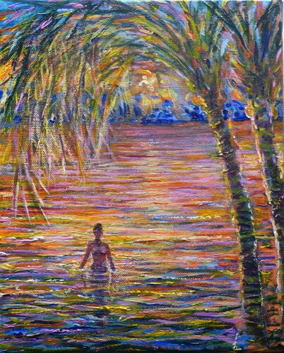 Ce fut l'instant où John ne sut ce qui avait enflammé son cœur, il hésitait entre la beauté de Sarah qui en contre-jour ne révélait aucun trait distinctif ou le coucher de soleil qui finalement avait la banalité kitch d'une carte postale. van François Pagé, Schilderij te koop op Singulart