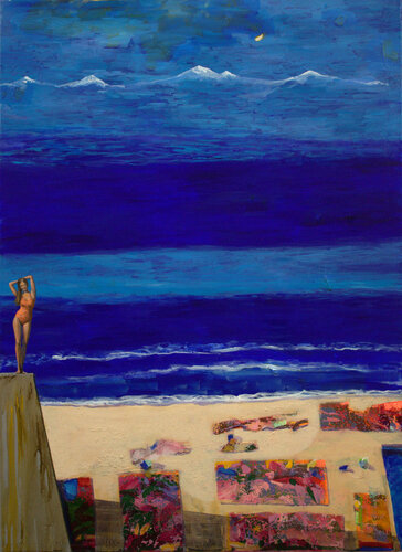 Le soir devant la fenêtre de l'atelier, tu venais me saluer d'une danse dans l'éclat bleu marine de la mer. von François Pagé, Malerei kaufen auf Singulart