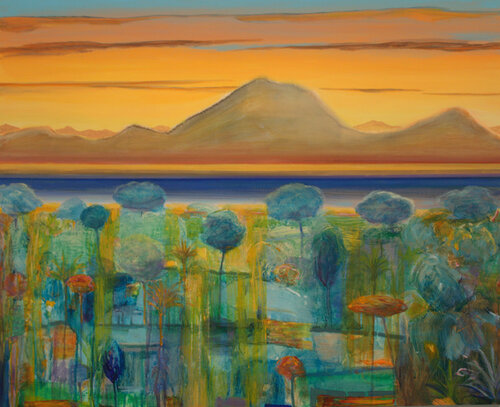 Après l'averse bienfaitrice, les jardins avaient pris leurs robes de couleurs dans un langage incertain. Le ciel lui, coiffait les montagnes de voiles venus d'orient. by François Pagé, 油畫 for Sale on Singulart