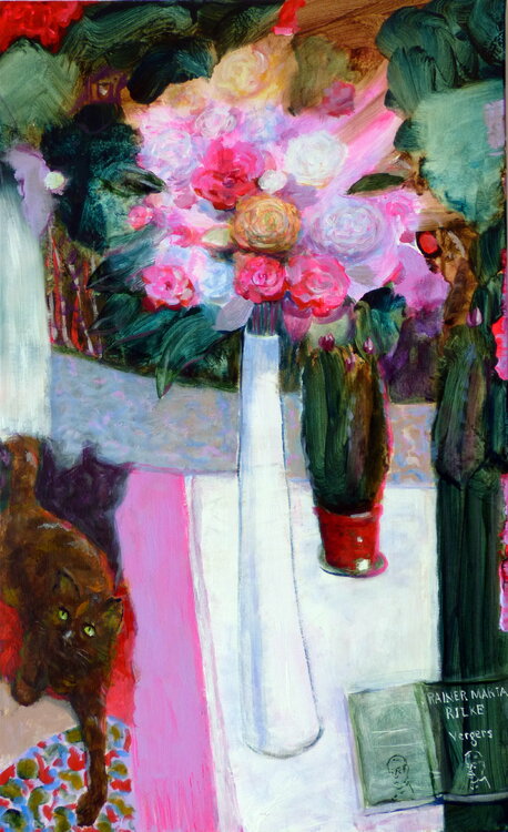Plume scrutait la mouche heureuse; tu me chuchotais à l'oreille les vers des vergers de Rilke :  Rose plus jamais tentée,  déconcertante de son inverse paix ; ultime amante  si loin d'Eve, de sa première alerte-,  rose qui infiniment possède la perte. Hui François Pagé