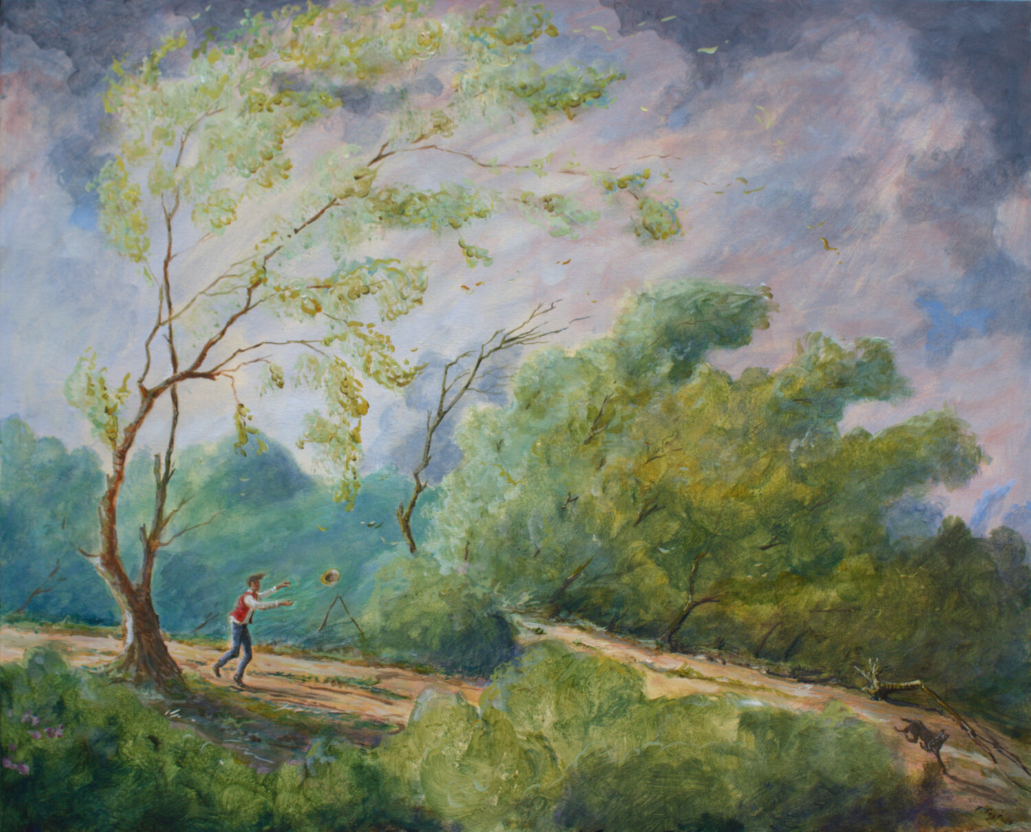 A l’instant précis où il entendu:"Rentrons! Le temps se couvre" Argos en pleine course, s’était retourné vers son maitre, un coup de vent lui avait fait perdre son chapeau ! François Pagé Original painting for sale