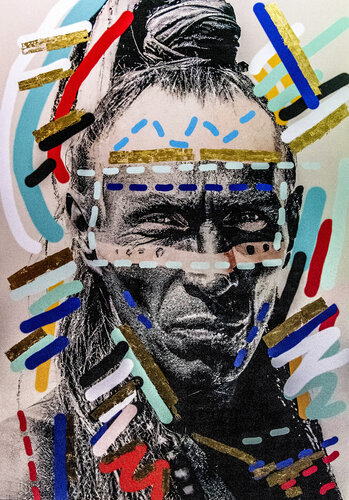 TABLEAU L'INDIEN ,COMMANDE FAITE A L'ARTISTE PAR UNE GRANDE SOCIETE DE CONSEIL  NOUNA A CHOISIT CE THEME ,QUI MIEUX  QUE L'INDIEN POUR TRANSMETTRE LES VALEURS DU TRAVAIL  DU RESPECT DE LA VIE DE LA SOLIDARITE DE LA FAMILLE von Nouna, Druck kaufen auf Singulart