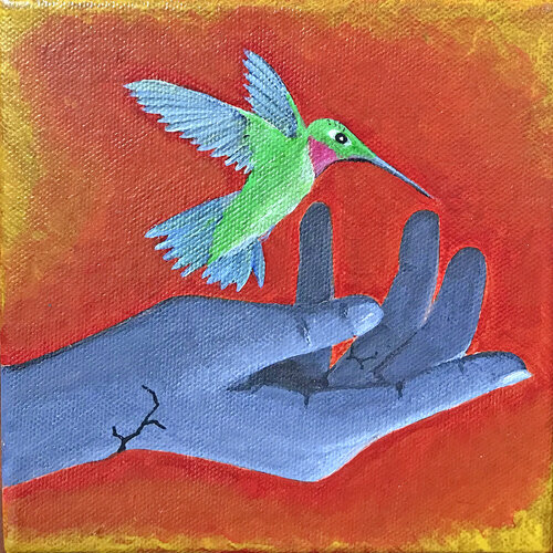 Hands and Hummingbird V van Linda Storm, Schilderij te koop op Singulart