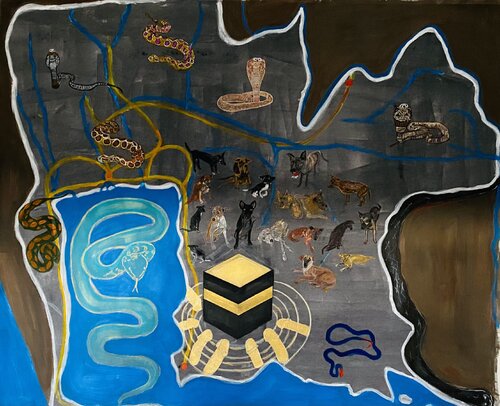 The Land of dangerous Serpents, Penis worshipers and Brocken legged Dogs! di Hasti Sardashti, Pittura in vendita su Singulart