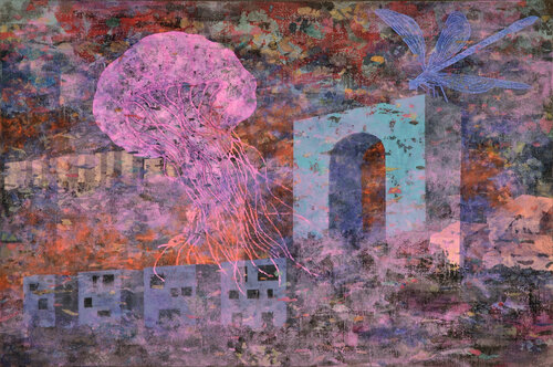 jellyfish and dragonfly in a misty landscape von Gian Luigi Delpin, Malerei kaufen auf Singulart