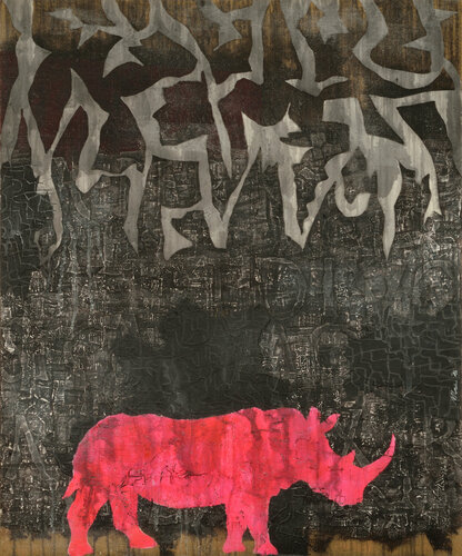 Pink rhino in a gothic landscape de Gian Luigi Delpin, Pintura a la venta en Singulart