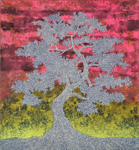 Blue tree in a strange sunset by Gian Luigi Delpin, Painting for Sale on Singulart